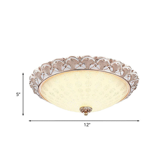 Traditional White Glass Led Flush Mount With Carved Trim – Bowl - Shaped Bedroom Beige Flushmount