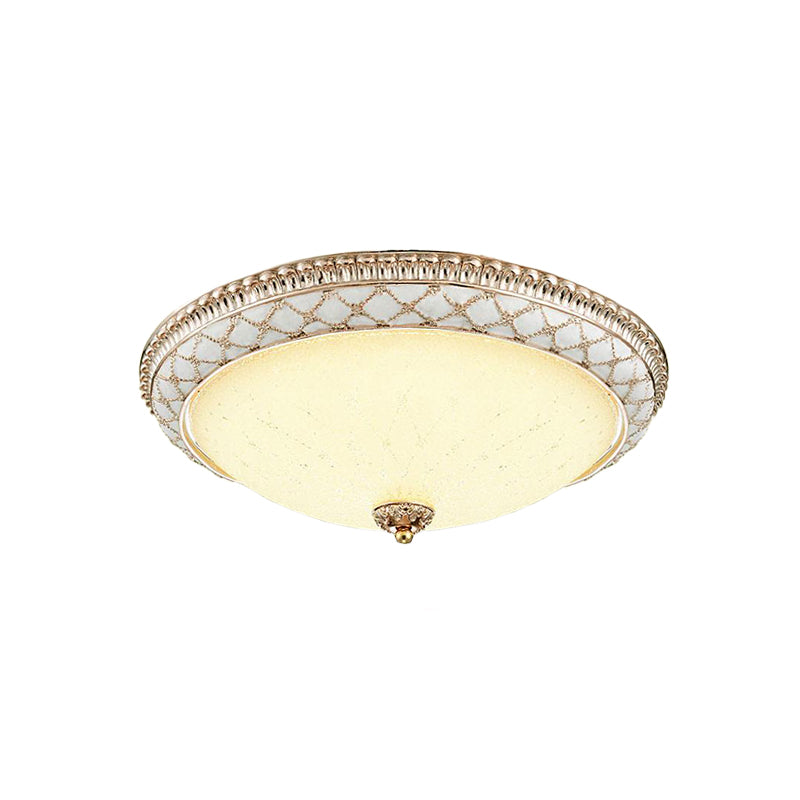 Traditional White Glass Led Flush Mount With Carved Trim Bowl-Shaped Bedroom Beige Flushmount