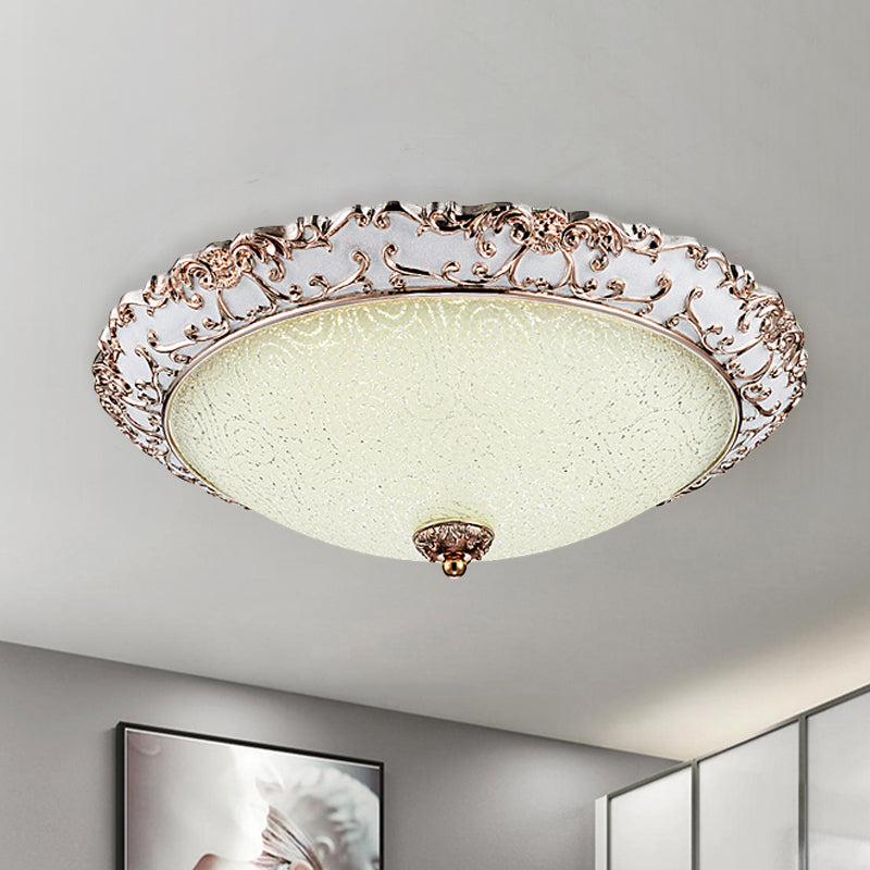 Traditional White Glass Led Flush Mount With Carved Trim – Bowl - Shaped Bedroom Beige Flushmount