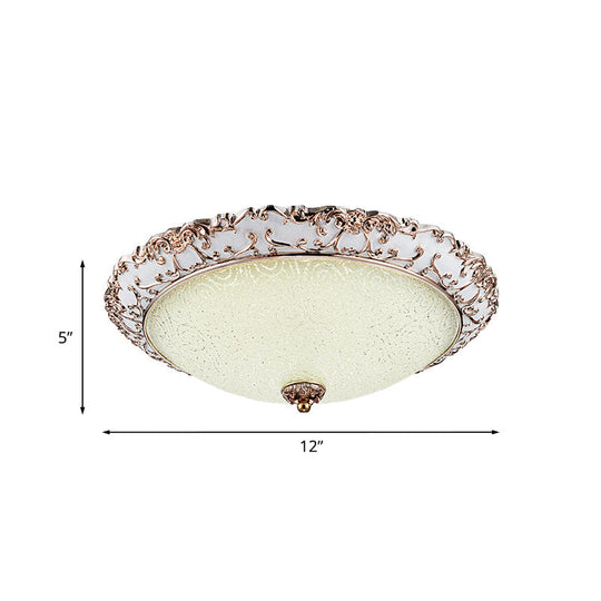 Traditional White Glass Led Flush Mount With Carved Trim – Bowl - Shaped Bedroom Beige Flushmount