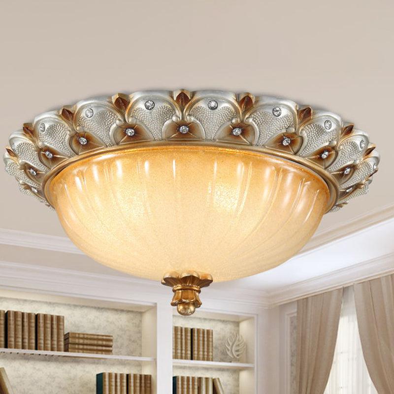 Traditionalist Yellow Glass Flush Mount Light Fixture - Bronze/White 3 - Bulb Flushmount For Living