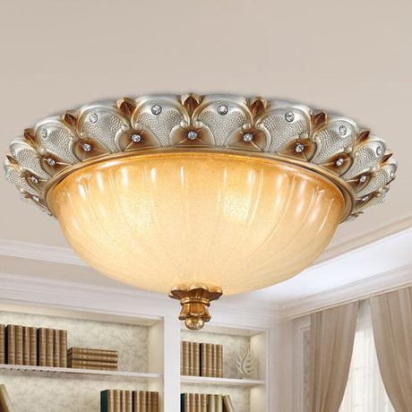 Traditionalist Yellow Glass Flush Mount Light Fixture - Bronze/White 3-Bulb Flushmount For Living