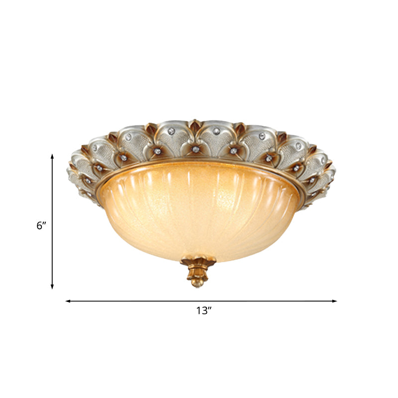 Traditionalist Yellow Glass Flush Mount Light Fixture - Bronze/White 3 - Bulb Flushmount For Living