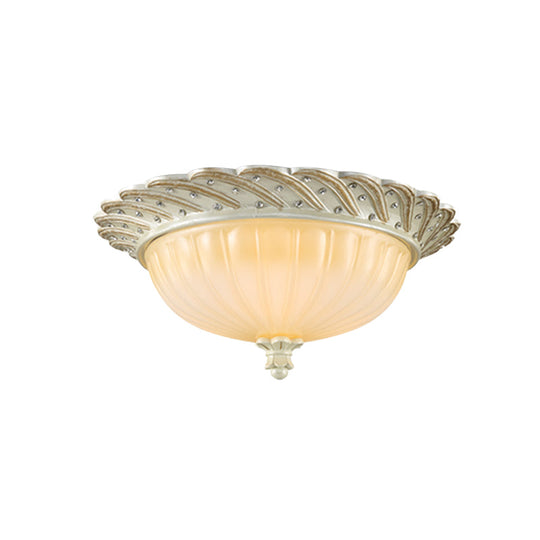 Traditionalist Yellow Glass Flush Mount Light Fixture - Bronze/White 3 - Bulb Flushmount For Living