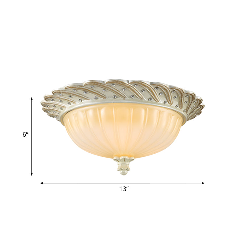 Traditionalist Yellow Glass Flush Mount Light Fixture - Bronze/White 3-Bulb Flushmount For Living
