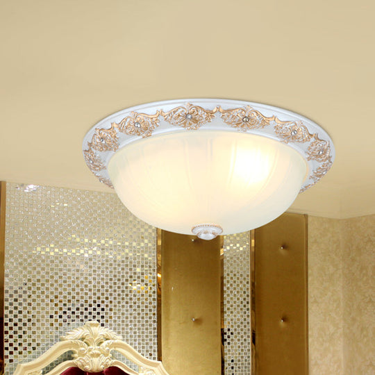 Frosted White Glass Dome 3 - Light Bedroom Flush Mount With Carved Edge / B