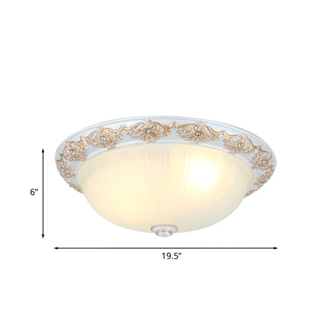 Frosted White Glass Dome 3-Light Bedroom Flush Mount With Carved Edge