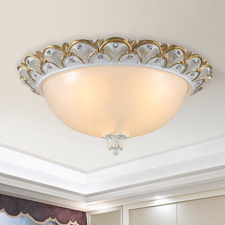 Frosted White Glass Dome 3-Light Bedroom Flush Mount With Carved Edge / A