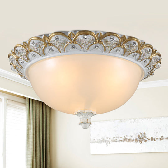 Frosted White Glass Dome 3-Light Bedroom Flush Mount With Carved Edge