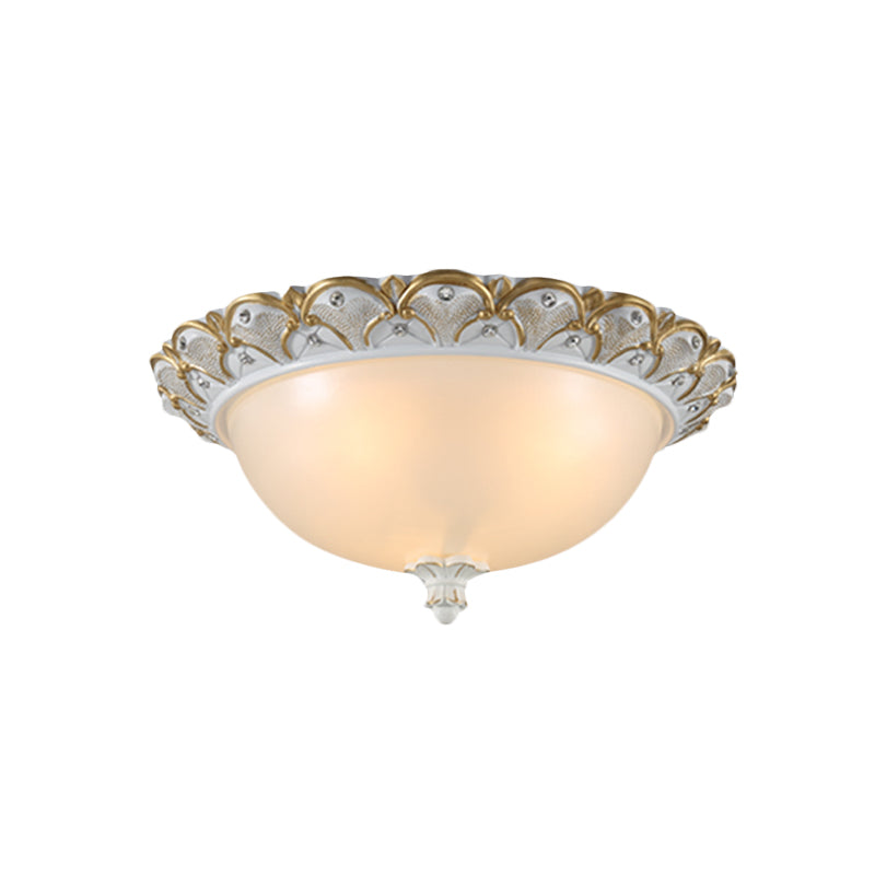 Frosted White Glass Dome 3-Light Bedroom Flush Mount With Carved Edge