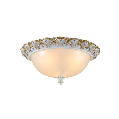 Frosted White Glass Dome 3-Light Bedroom Flush Mount With Carved Edge