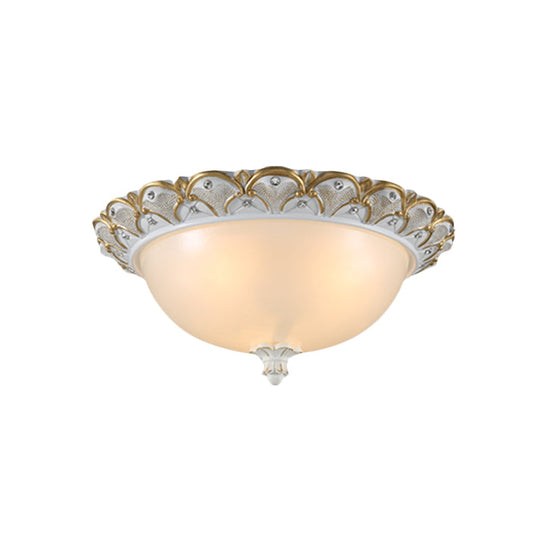 Frosted White Glass Dome 3-Light Bedroom Flush Mount With Carved Edge