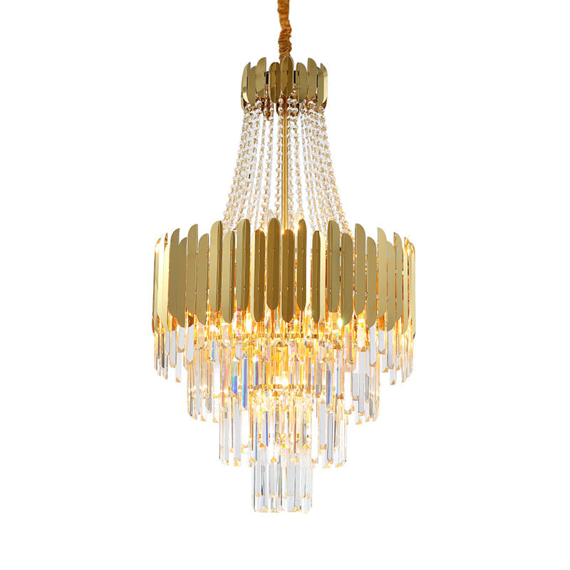 Gold Tiered Crystal Chandelier Lamp With 10 Bulbs – Elegant Simplicity And Cone Design