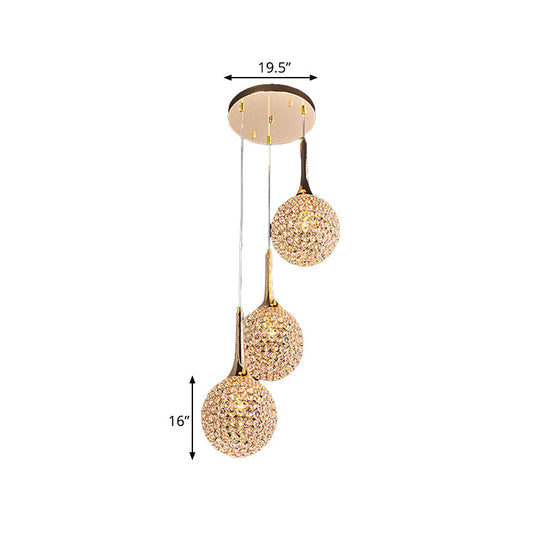 Multi-Headed Pendant Dining Room Lamp Kit With Crystal-Encrusted Shade In Gold
