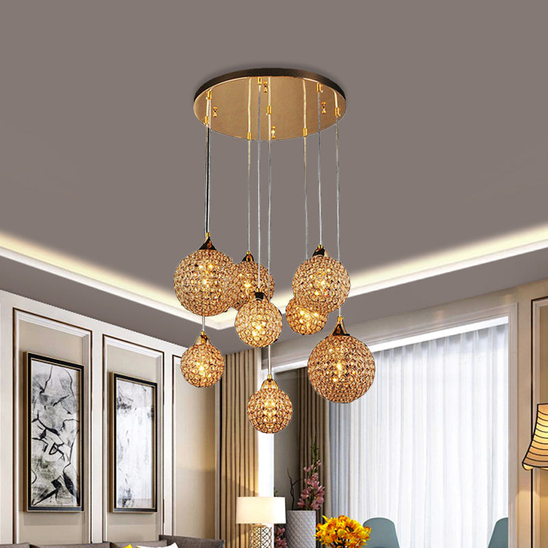 Simple Gold Dining Room Pendant With Crystal-Encrusted Globe Shade - 3/8 Heads Multi Light Kit
