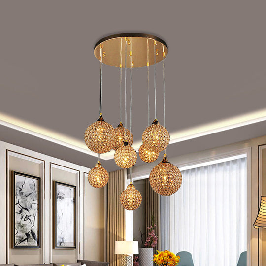 Simple Gold Dining Room Pendant With Crystal-Encrusted Globe Shade - 3/8 Heads Multi Light Kit