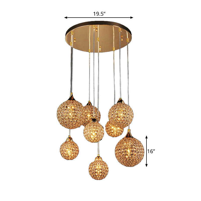 Simple Gold Dining Room Pendant With Crystal-Encrusted Globe Shade - 3/8 Heads Multi Light Kit