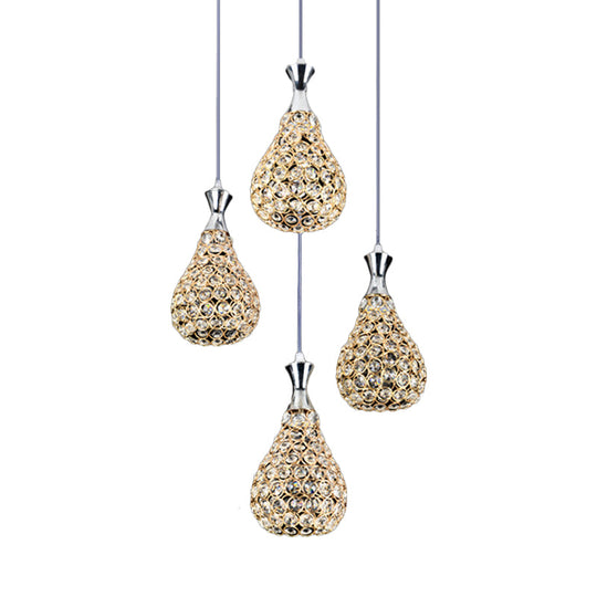 Contemporary Crystal Teardrop Multi Pendant Light With 4 Bulbs - Chrome/Gold Suspension Lamp For