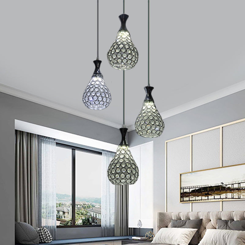 Contemporary Crystal Teardrop Multi Pendant Light With 4 Bulbs - Chrome/Gold Suspension Lamp For