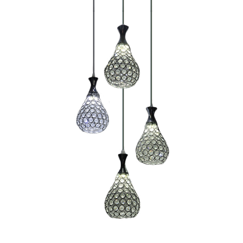 Contemporary Crystal Teardrop Multi-Pendant Light - 4 Bulb Dining Room Suspension Lamp In