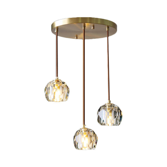 Contemporary Gold Crystal Pendant Light With 3 Heads - Stunning Cluster Design Domed Hanging Lamp