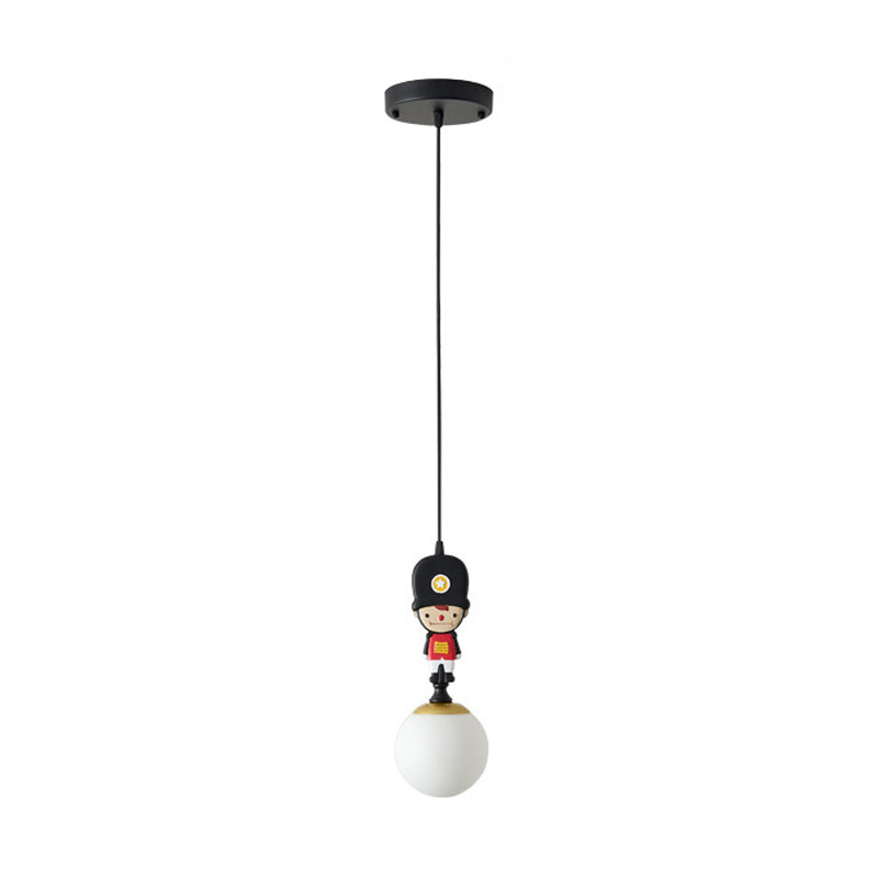 Soldier Decorated Black Pendant Lamp: Globe Glass Hanging Light With Cartoon Theme