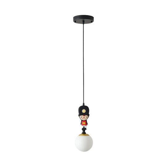 Soldier Decorated Black Pendant Lamp: Globe Glass Hanging Light With Cartoon Theme