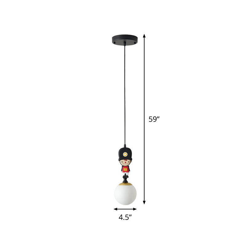 Soldier Decorated Black Pendant Lamp: Globe Glass Hanging Light With Cartoon Theme