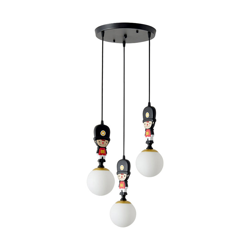 Cartoon Glass Globe Pendant Light With Soldier Decoration: 3-Head Black Multi-Light Kit