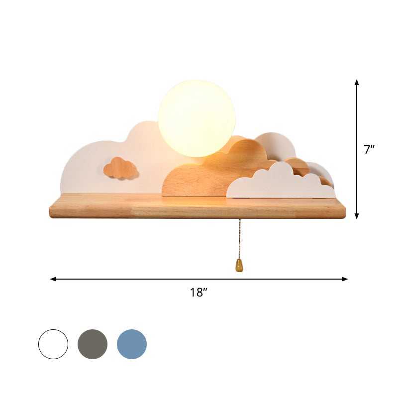 Contemporary Wood Sconce Light: Blue/White/Gray Wall Mount With Glass Shade & Pull Chain