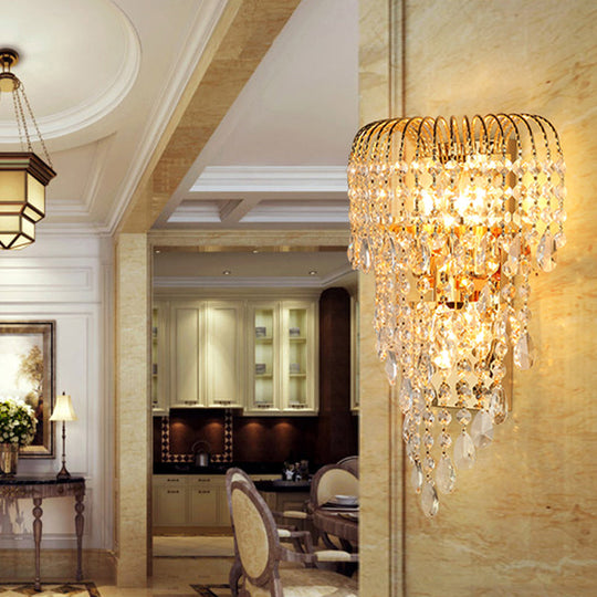 Gold Crystal Strand Wall Lamp - Traditional 3-Light Sconce For Living Room