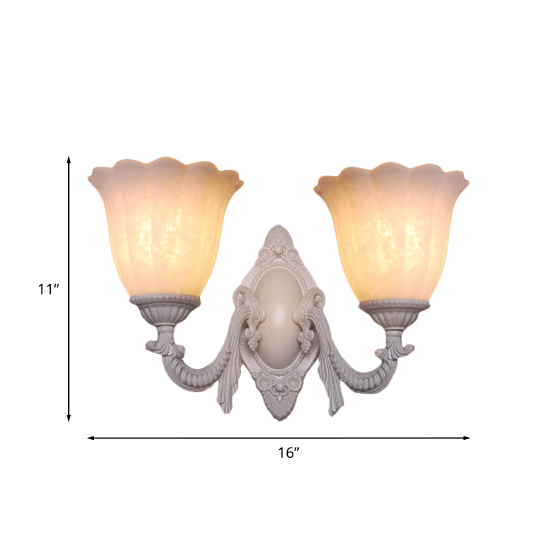 Vintage Flower White Glass Sconce Light With Curved Arm - Wall Mounted Lighting For Living Room