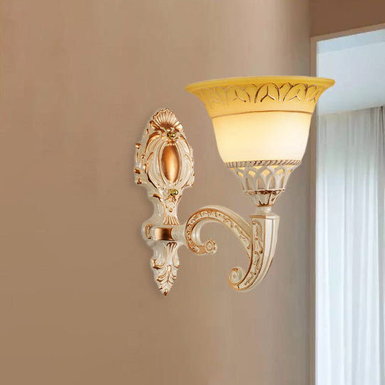Vintage Curved Arm Metal Wall Lamp: 1/2-Head Sconce With Beige Glass Shade For Living Room 1 /