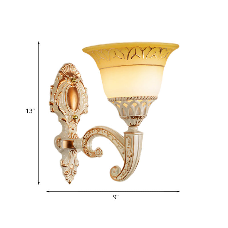 Vintage Curved Arm Metal Wall Lamp: 1/2-Head Sconce With Beige Glass Shade For Living Room
