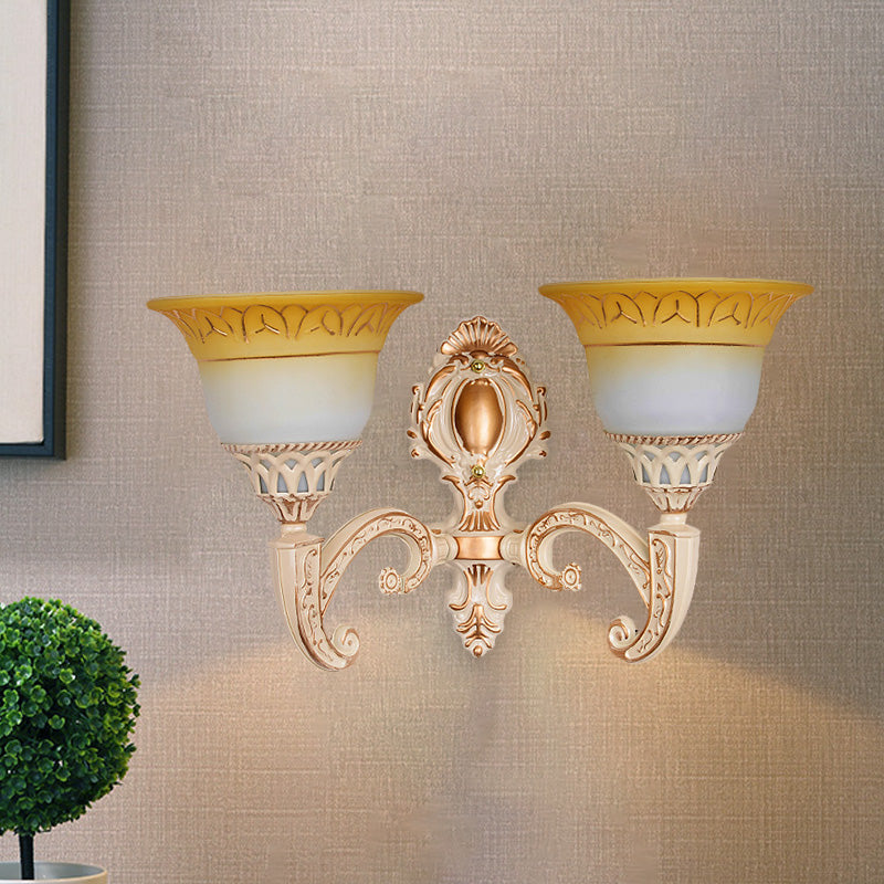 Vintage Curved Arm Metal Wall Lamp: 1/2-Head Sconce With Beige Glass Shade For Living Room