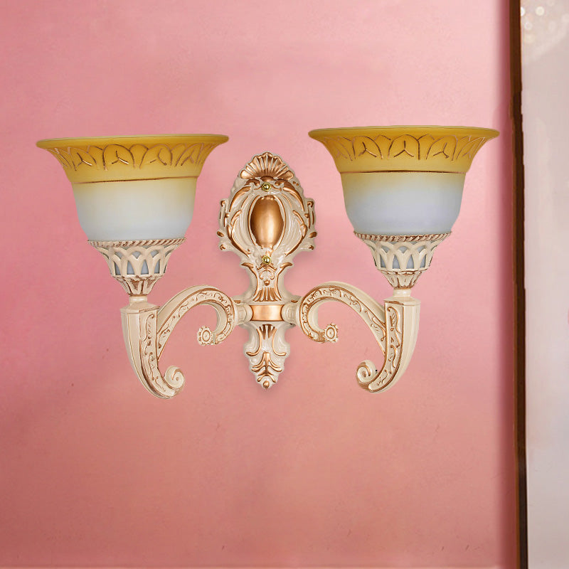 Vintage Curved Arm Metal Wall Lamp: 1/2-Head Sconce With Beige Glass Shade For Living Room