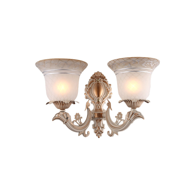 Metal Beige Curvy Arm Wall Sconce With Antique Bell White Glass Shade - 1/2-Light Lighting Fixture