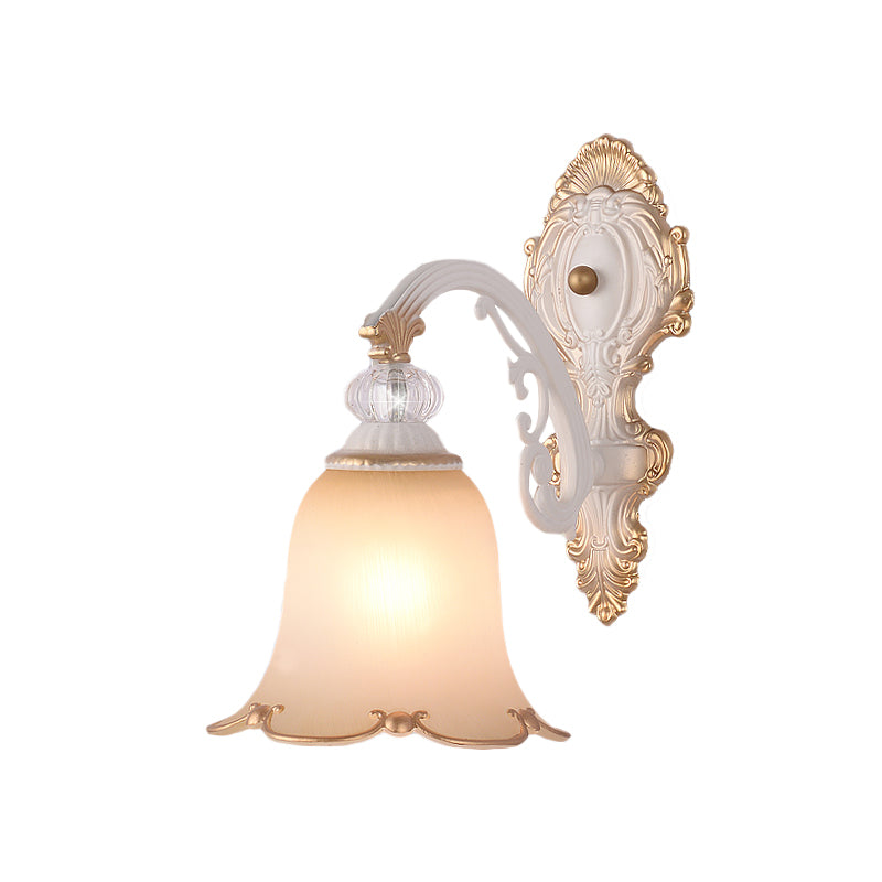 Frosted Glass Wall Light With Beige Swooping Arm For Bedroom - 1 Bulb Sconce