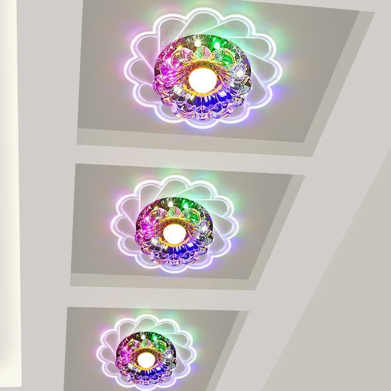 Clear Faceted Crystal Led Flush Mount Ceiling Light Fixture - Bedroom Lighting With Warm/Multi-Color