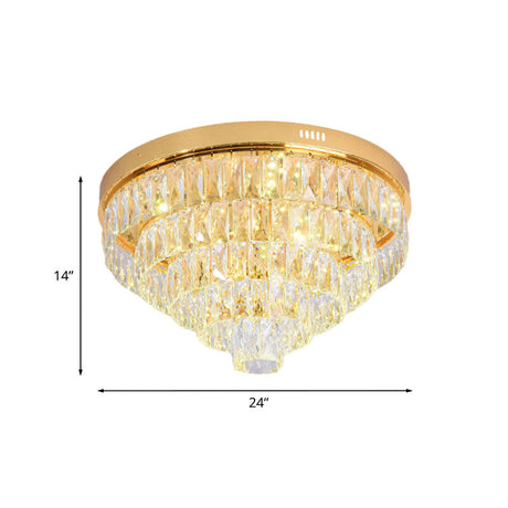 Modern Crystal Block Led Flushmount Ceiling Light With Cone Design - Gold 16/24 Wide
