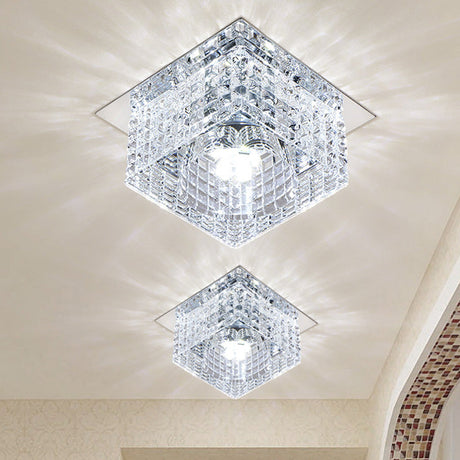 Modern Chrome Square Flush Mount Led Crystal Ceiling Light With Dome Shade In Warm/White/Multi-Color
