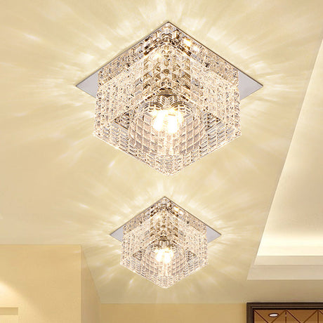 Modern Chrome Square Flush Mount Led Crystal Ceiling Light With Dome Shade In Warm/White/Multi-Color