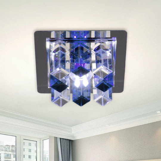 Minimal Square Led Flush Mount Light With Crystal Block - Blue/Clear/Tan Ideal For Hallway Ceiling