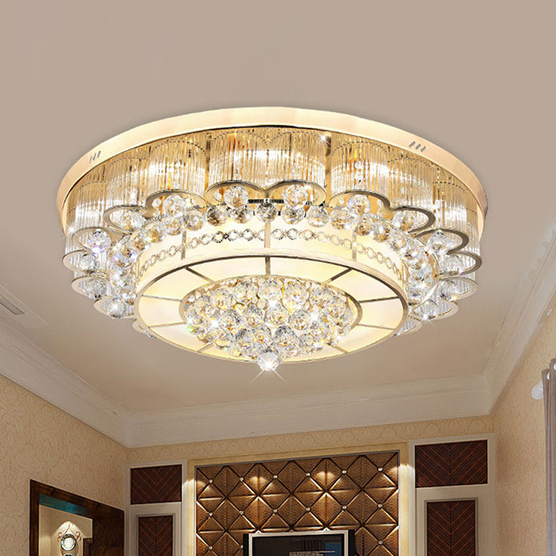Flush Mount Led Crystal Ball Ceiling Lamp In Chrome - Modern Tiered Design For Living Room
