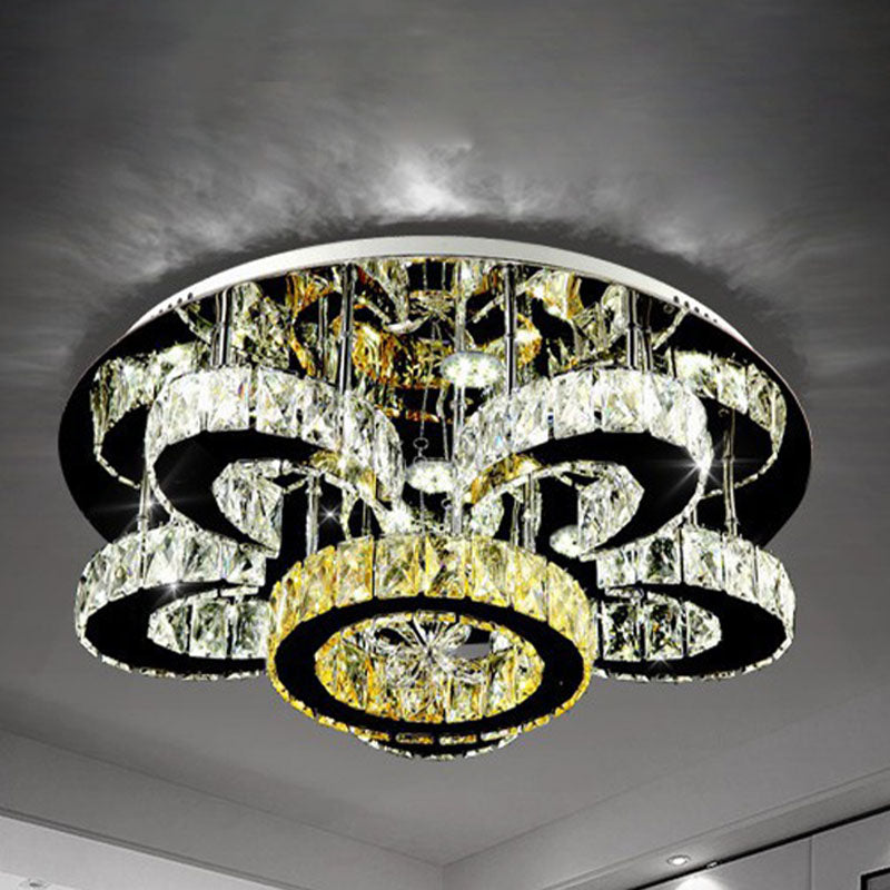 Modern Crystal Nickel Flush Mount Lamp - Flower Led Ceiling Light With Ring Design 24/32 Width / 24
