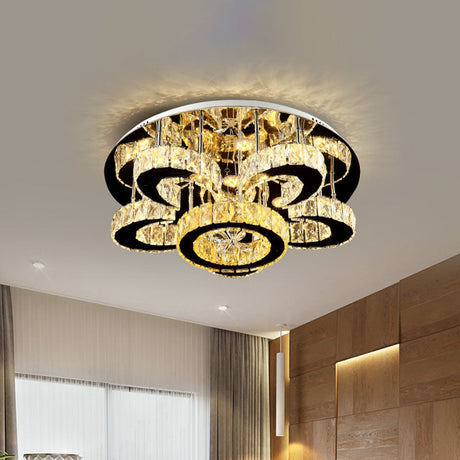 Modern Crystal Nickel Flush Mount Lamp - Flower Led Ceiling Light With Ring Design 24/32 Width