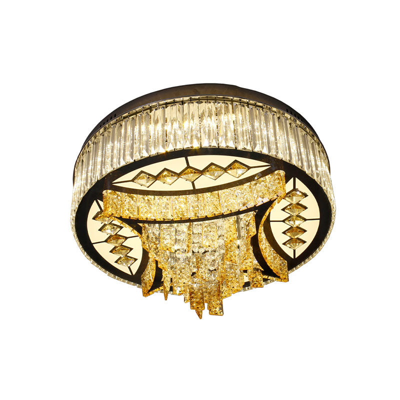 Modern Tan Crystal Drum Flush Mount Light With Led Waveform Frame - Perfect For Living Room Ceiling