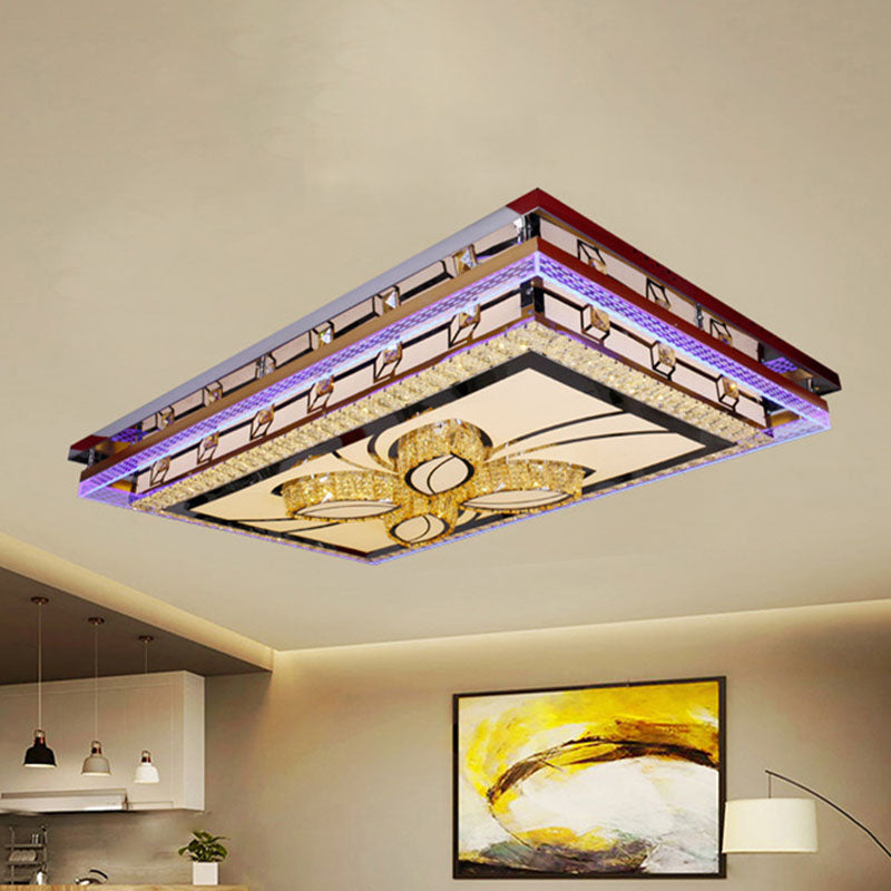 Chrome Led Flush Mount Crystal Rectangle Ceiling Fixture With Flower Design