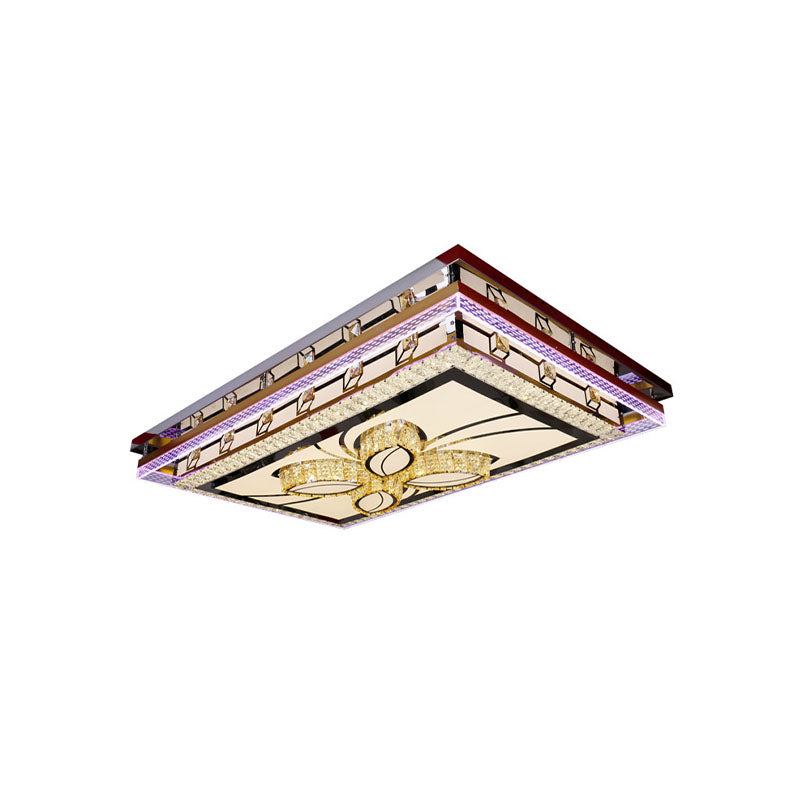 Chrome Led Flush Mount Crystal Rectangle Ceiling Fixture With Flower Design