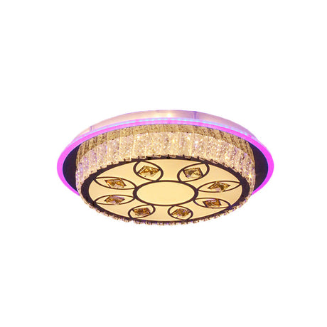 Modern Led Chrome Flushmount Light With Petal Pattern - Crystal Block Round Ceiling Lighting For